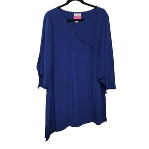 Sully Bonnelly Blue Silk Tunic 16W Asymmetric Long Fancy Beaded Hem 684